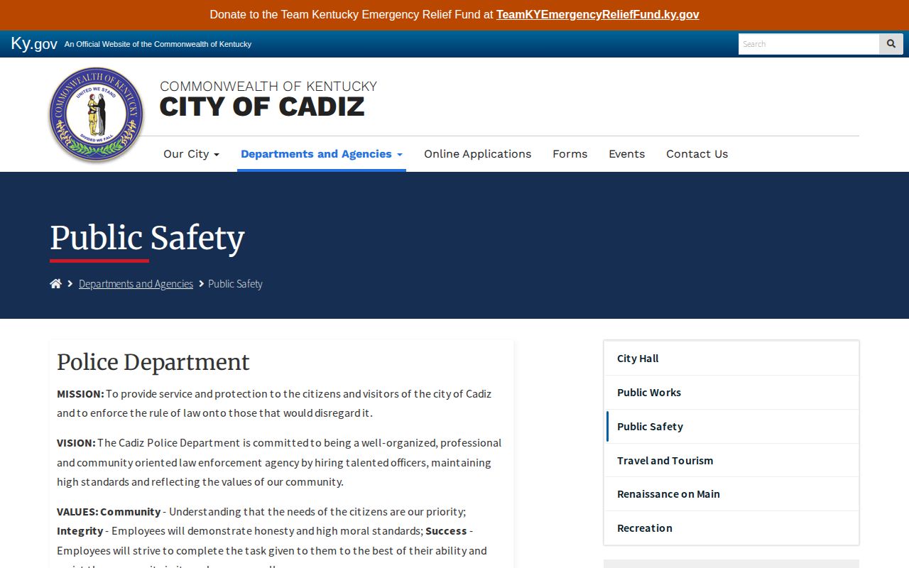 Official City of Cadiz Public Safety page listing the Cadiz Police Department