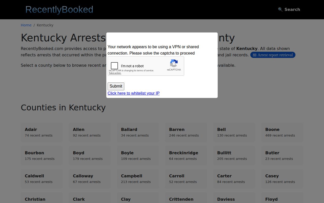 RecentlyBooked Kentucky index showing secondary Trigg County news coverage context