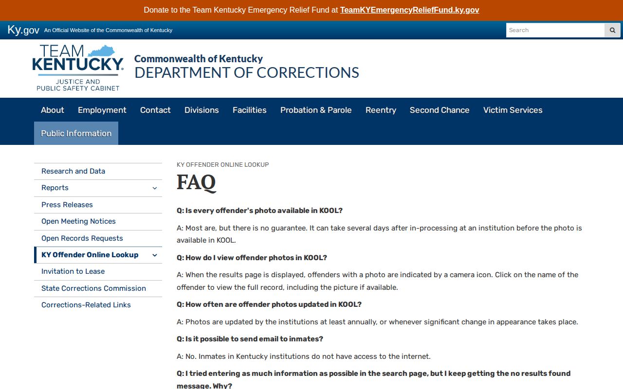 Kentucky DOC KOOL photo policy for Trigg County offender records